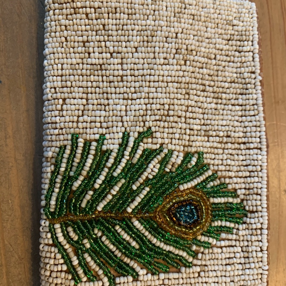 Beaded peacock feather coin purse bag